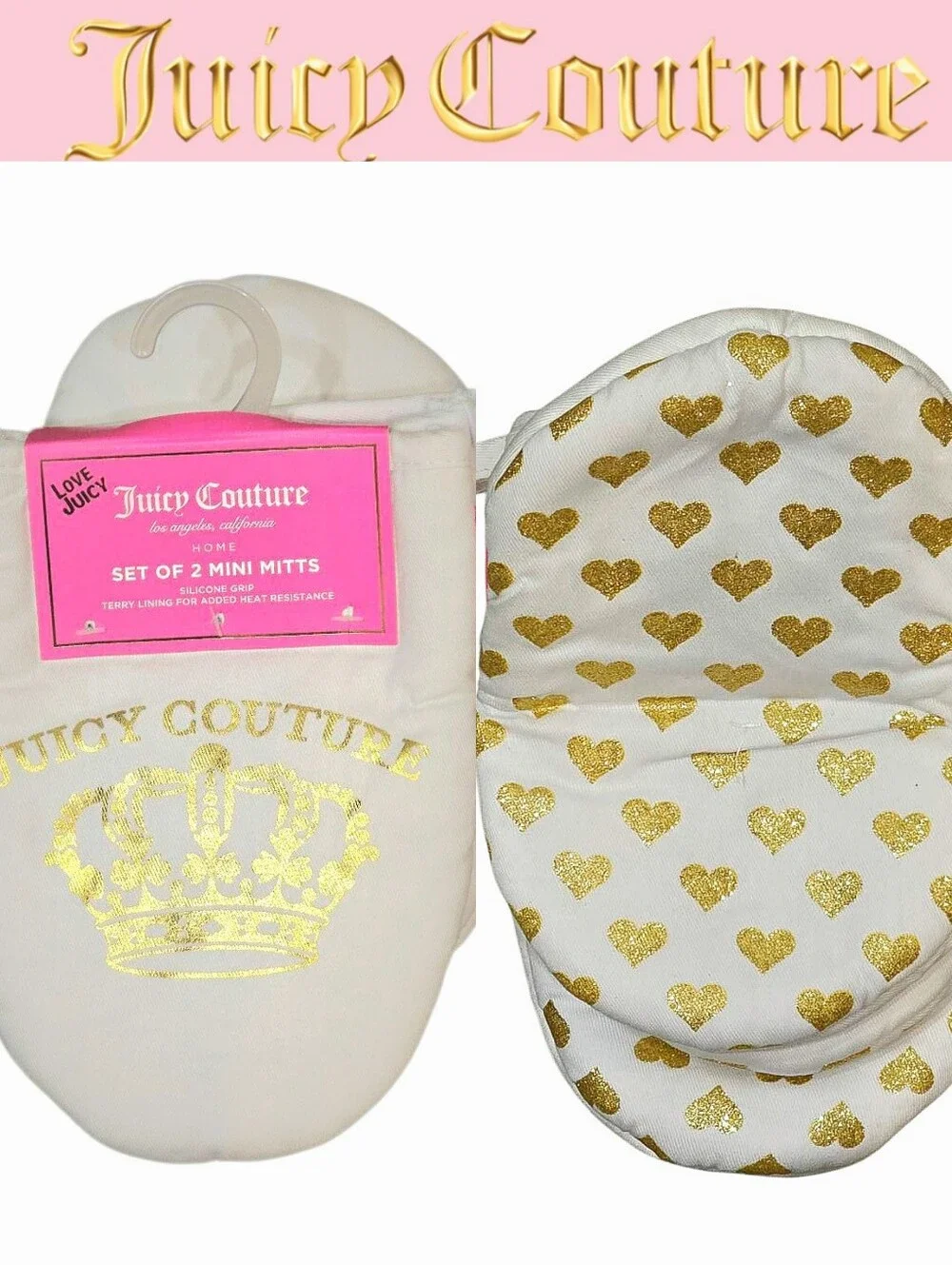 Juicy Couture Home Gold Foul Logo Crown & Hearts Mini Oven Mitt Set